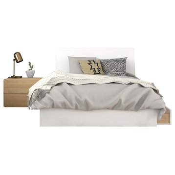 2 Pieces Bedroom Set, White Platform Bed With Nightstand, Natural Maple/Full