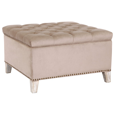 Wordford Square Velvet Tufted Storage Ottoman, Velvet Taupe