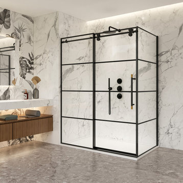 Losar Rectangle Sliding Framed Shower Enclosure, Matte Black, 60" W X 78"h
