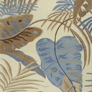 3'X5' Ivory Blue Hand Tufted Tropical Leaves Indoor Area Rug