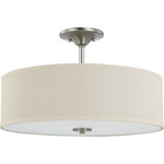 Progress Lighting - Inspire Collection Brushed Nickel 3-Light 18" Semi-Flush Mount - Harkening back to a simpler time, the Inspire Collection Brushed Nickel Three-Light Semi-Flush Mount's timeless demeanor is sure to become a favorite for generations. A round, off-white linen shade with an etched glass diffuser steals the show and creates a beautiful muted glow. Understated metal accents complement the light fixture as it fosters a casual, friendly atmosphere.