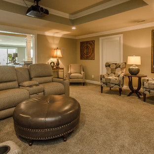 Inspiration for a medium sized contemporary open plan home cinema in Louisville with beige walls and carpet.