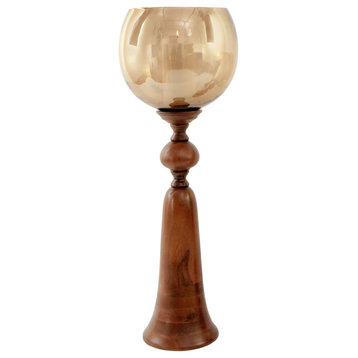 Puri Candle Holder- Large Natural Brown Finish On Wood With Smoke Glass Globe