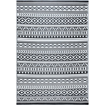 Anubis Contemporary Stripe Black/White Rectangle Indoor/Outdoor Area Rug, 6'x9'