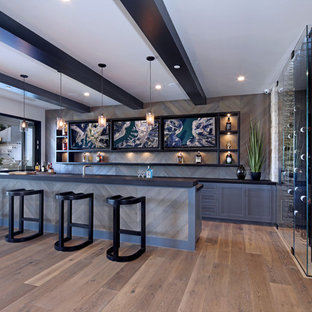 ロサンゼルスのコンテンポラリースタイルのおしゃれなウェットバー (シェーカースタイル扉のキャビネット、グレーのキャビネット、グレーのキッチンパネル、木材のキッチンパネル、無垢フローリング、茶色い床、黒いキッチンカウンター) の写真