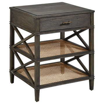 Cambridge Double Shelf Elm & Cane Side Accent Table with Storage Drawer