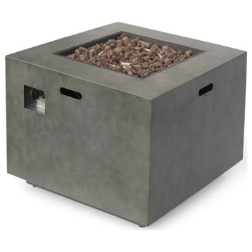 GDF Studio Jasmine Outdoor Dark Gray Finish Iron 33" Square Fire Pit, 50,000 BTU, Concrete Finish