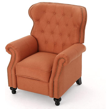 Elegant Recliner, Padded Seat With Rolled Arms and Tufted Wingback, Orange