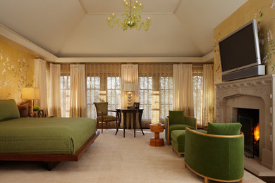Inspiration for a large timeless master carpeted and gray floor bedroom remodel in Denver with beige walls and a standard fireplace