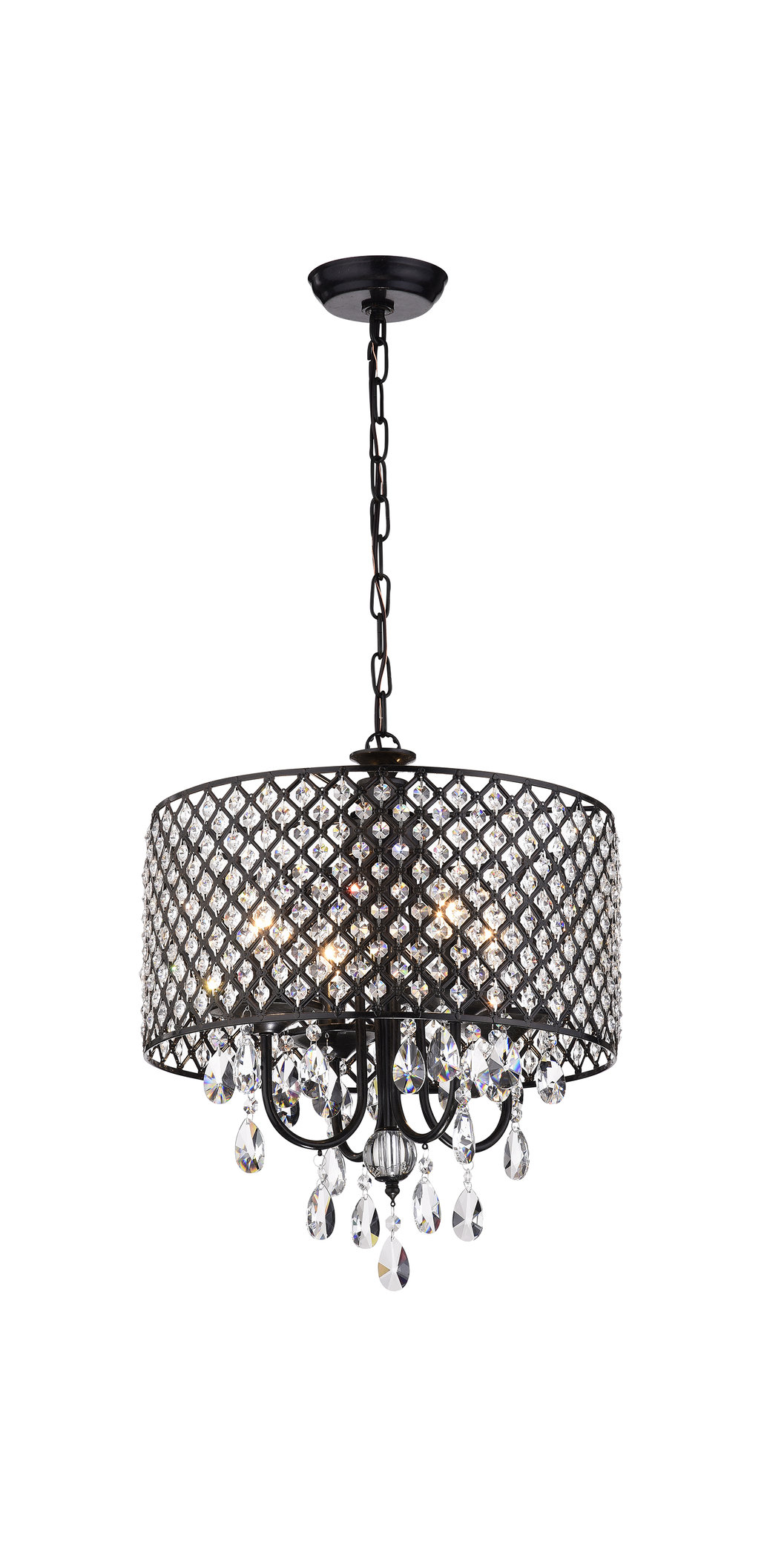 Marya 4-Light Black Metal Round Beaded Drum Chandelier Hanging Crystals Glam