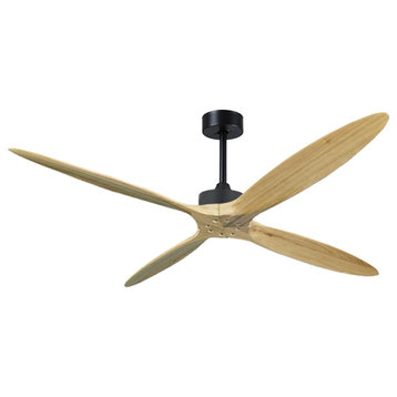 60" Ceiling Fan Without Light With Solid Wood Blades, White, Light Wood Blades