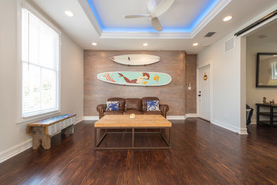 Inspiration for a small transitional open concept dark wood floor living room remodel in Miami with white walls