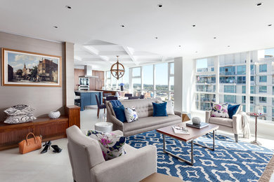 Inspiration for a contemporary open concept porcelain tile living room remodel in Vancouver with gray walls