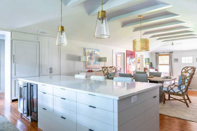 Example of a beach style kitchen design in Other with recessed-panel cabinets and an island