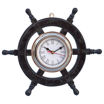 Deluxe Class Pirate Ship Wheel Clock, Wood and Chrome, 12"