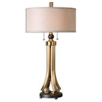 Uttermost - Uttermost Selvino Brushed Brass Table Lamp - Brushed Brass Plated Metal Accented With Oil Rubbed Bronze Details. The Round Hardback Drum Shade Is A Rust Beige Linen Fabric.  Additional Product Information: Collection: Selvino Size (inches): 17Lx17Wx32.75H Item Weight (lbs): 10.12 Frame Finish: Brushed Brass Plated Metal Accented With Oil Rubbed Bronze Details. Shade Description: Round hardback drum Shade Size (inches): Height: 8, Top: 17W x 17D, Bottom: 17W x 17D Material:  Iron, Linen Country: China
