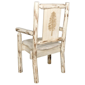 Montana Captain's Chair With Laser Engraved Pine Tree, Clear Lacquer Finish, Rea