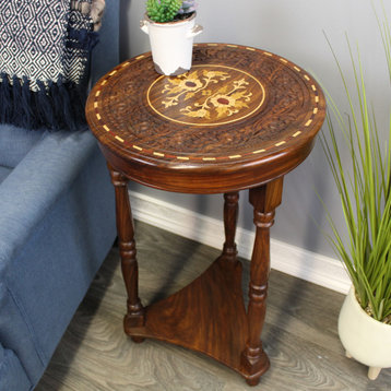 Natural Geo Decorative Wooden Carved Floral Accent Table