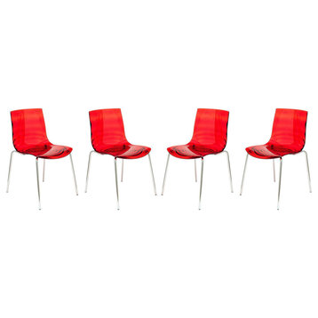 Set of 4 Modern Dining Chair, Chrome Legs & Plastic Seat With Vibe Detail, Red