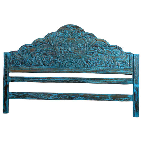 Consigned Blue Vintage Floral Scalloped King Headboard King Headboard 78