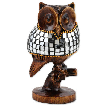 NOVICA Glimmering Owl, Glass And Wood Sculpture  (4 Inch)