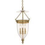 Hudson Valley Lighting - Hanover 3-Light Pendant Clear Glass Shade, Aged Brass - Not only does our bell jar lantern capture the timeless style of a British heirloom, blown glass and cast brass ensures Hanover will be admired for generations. Patterned after the signature lanterns that graced royal foyers during the English Regency, Hanover resounds with authentic details. Filigreed hangers anchor Hanover's three brass chains, while a glass smoke bell warmly diffuses light across an expanse of upward space.