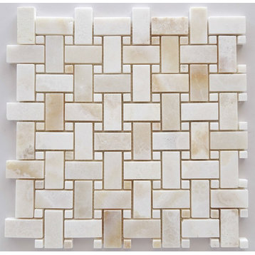 Premium White Onyx CROSS-CUT Basketweave Polished Mosaic Tile w/ White Onyx Dots