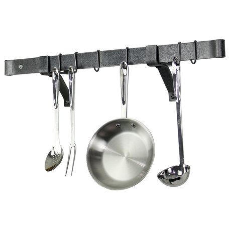 Handcrafted 36" Rolled End Bar, 4" Wall Brackets & 6 Hooks, Hammered Steel