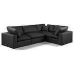 Meridian Furniture - Comfy Upholstered L-Shaped Modular Sectional, Black, 4-Piece: 1 Armless Chair, 3 Corner Chair, Vegan Leather - Give your space a whole new look with this black Comfy vegan leather sectional. This handsome sectional fits nicely with other items in the Comfy collection and is a versatile seating option designed for adaptability, comfort and style. Wrapped in rich black durable vegan leathered upholstery, this sectional offers a plush embrace of overstuffed down feather cushions, carefully crafted to deliver the highest level of comfort. The perfect seat for creating an oasis for relaxation, this sectional has thick foam surrounding its frame for added support and coziness.