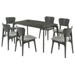 Armen Living - Kalia 7-Piece Wood Dining Set, Gray Finish With Gray Fabric - The Kalia 7-piece Wood Dining Set from Armen Living will enhance any dining space. The dining table features softly curved edges to maintain a modern and inviting edge in any room. Included in this dining table set is 1 dining table and 6 dining chairs. The tabletop is enlivened with natural grains of wood that are juxtaposed at an angle to bring rich character. Inspired by mid-century modern design, the dining chairs embrace a soft and inviting profile. They feature a gracefully curved and contoured back that lends sturdy back support. Complemented with beautifully curved and angled legs, the chairs vouch for a sculptural and charming presence. They feature a generously padded seat to provide the perfect combo of style and comfort. This dining set is crafted in a combination of engineered and rubberwood to provide durability and easy maintenance for your daily meals and formal dinners. This dining set is available in your choice of a walnut wood finish with charcoal, blue, or orange fabric upholstery or a gray finish with gray fabric upholstery.