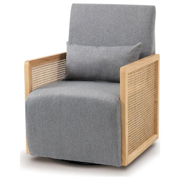 Modern Accent Chair, Swiveling Linen Upholstered Seat & Rattan Sides, Gray