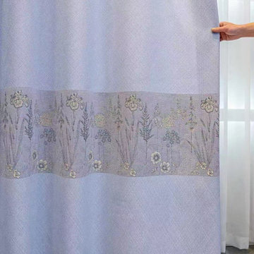Chenille Custom Made Curtains Pretty Jacquard Flowers Blue Grey Pink