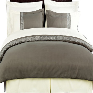 Astrid Embroidered Microfiber Duvet Cover Set, Taupe and Beige, Full/Queen