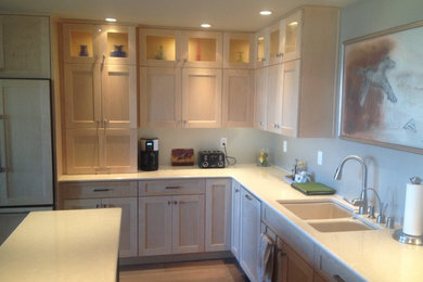 Mid-sized trendy l-shaped light wood floor kitchen photo in Other with a double-bowl sink, shaker cabinets, light wood cabinets, solid surface countertops, paneled appliances and an island
