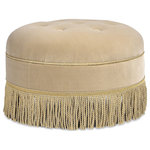 Jennifer Taylor Home - Yolanda 24" Upholstered Round Accent Ottoman, Fawn Brown Performance Velvet - The Yolanda Ottoman Collection by Jennifer Taylor Home is a stylish and multi-functional furnishing suitable for any part of the home. Use the ottoman as a footrest, side table, or extra seating in a pinch. The tassel rope fringe coordinates with the rich array of upholstery fabrics, and is a perfect touch of vintage chic.