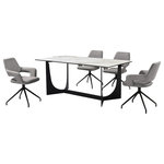 Armen Living - Esme Penny 5 Piece Dining Set With Gray Fabric Chairs - Gather friends and family for meals or game nights with the Esme Penny 5 Piece Dining Set with Gray Fabric Chairs. This set includes 1 Esme dining table and 4 Penny swivel dining chairs. Featuring a sleek and modern silhouette, this kitchen chair attains a chic and stylish presence in any room. The streamlined back elegantly flows into the sloping arms to offer a dose of comfort and style. A stylish cut-out in the back lightens the sculptural appeal of our dining room chair. Finished off with pyramid-shaped black metallic legs, the chair serves as a striking and sturdy accent for any corner. The dining table chair includes a tall back, padded arms, and a cushioned seat to deliver a cozy and comfortable stay. From offering a comfy seat in your kitchen to serving as a stylish and comfortable accent chair for your workspace, the Penny brings comfort and convenience to any room. It includes a 180-degree swivel function allowing you to follow conversations with ultimate ease. Clean lines and clever details lend a sophisticated and eye-catching presence to our dining table. It features a rectangular tabletop showcasing the rich textures of Golden Jade stone. Its trestle, black metal base showcases eye-catching curves to add soft elegance to your home. Our dining table can comfortably seat up to six individuals to complement both your formal and casual meals. With a versatile styling potential, the table can serve as the perfect spot to entertain and spend leisurely time in your formal or casual dining room or kitchen. It is crafted with durable and easy-to-care material. The Esme Penny dining set is available in 5 and 7 piece set configurations and features a black metal base with golden jade stone tabletop and gray fabric upholstered swivel chairs.