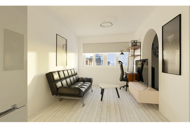 Imagen de salón tipo loft y gris y blanco escandinavo de tamaño medio de obra con paredes blancas, suelo laminado, pared multimedia y suelo gris