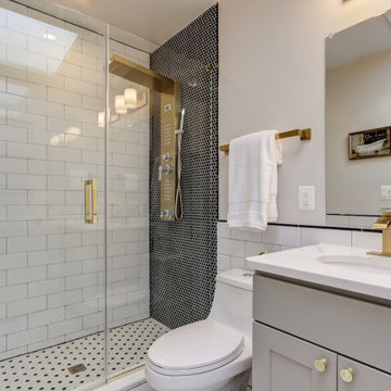 Bathroom remodeling with white tiles, standing shower & cabinets, Virginia