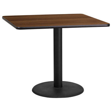 36'' Square Walnut Laminate Table Top With 24'' Round Table Height Base