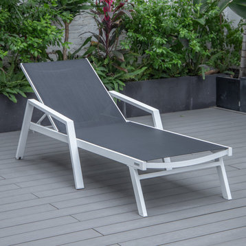 LeisureMod Marlin Patio Chaise Lounge Chair With Arms White Frame, Black