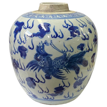 Oriental Handpainted Birds Small Blue White Porcelain Ginger Jar Hws2308