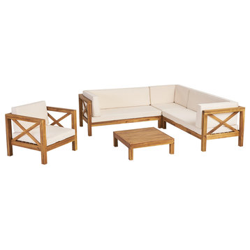 Morgan Outdoor 6 Seater Acacia Wood Sectional Sofa and Club Chair Set, Beige
