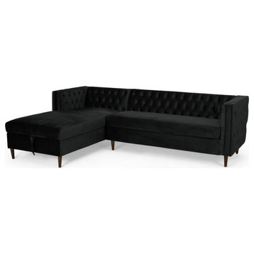 Aryan Tufted Velvet Sectional Sofa With Storage Chaise, Black/Espresso