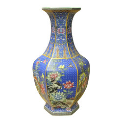 Chinese Bright Blue Hexagon Multi-Color Flower Birds Porcelain Vase cs3781 - Vases