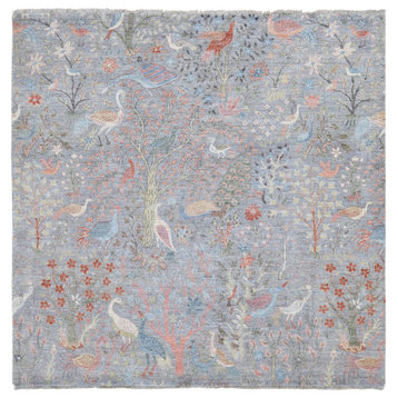 Gray, Afghan Peshawar Birds of Paradise, Wool Hand Knotted, Square Rug 8'x8'