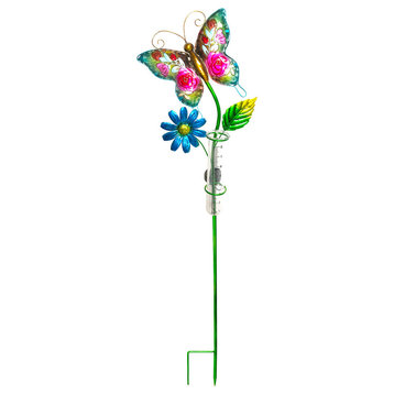Solar Lighted Glass Butterfly Outdoor Garden Stake With Rain Gauge