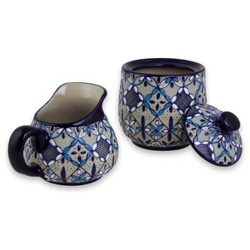 Blue Bajio Ceramic Sugar Bowl and Creamer 2-Piece Set, Mexico