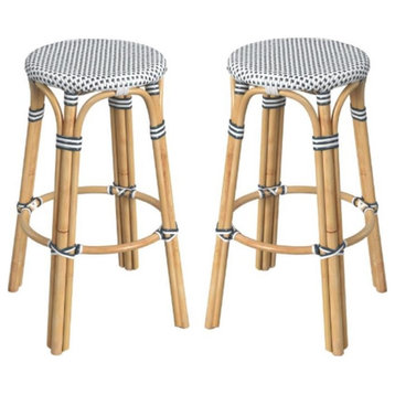 Home Square 30" Round Rattan Bar Stool in White and Navy Dot - Set of 2