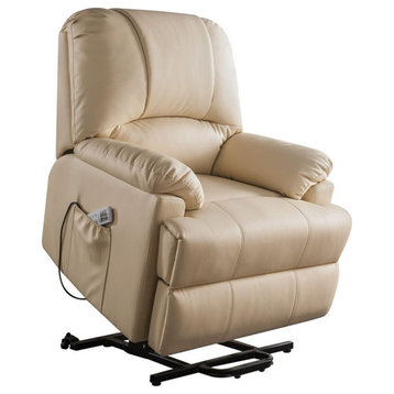 Bowery Hill Contemporary Faux Leather Power Lift and Massage Recliner in Beige