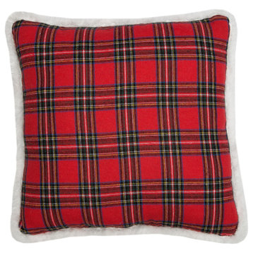 Classic Christmas Check Pillow With Faux Fur Trim, 13.5"x13.5"